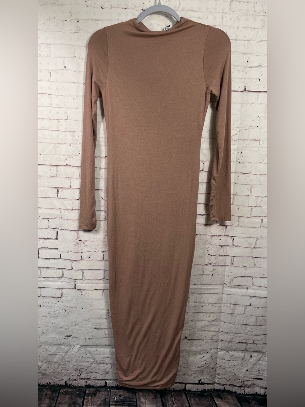 Naked Wardrobe Sz Large Mock Neck Long Sleeve Bodycon Dress neutral taupe mauve